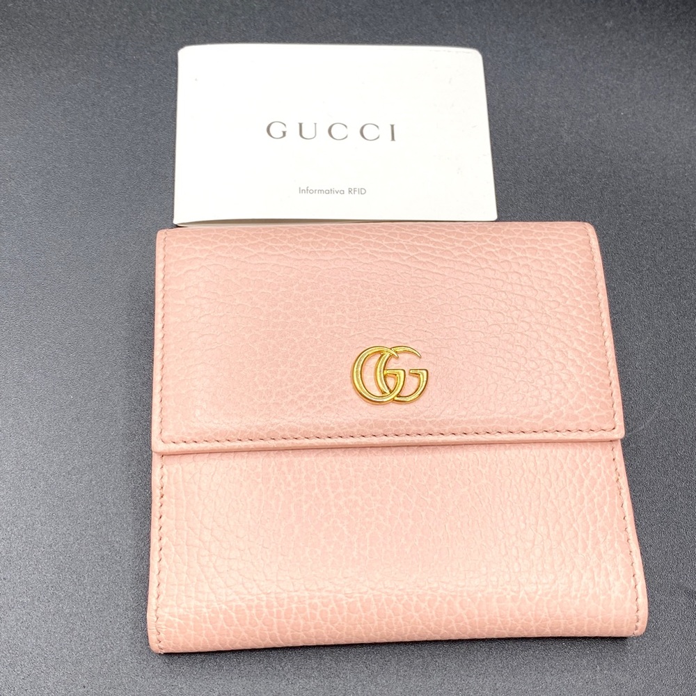 Gucci GG Marmont French Flap Wallet Leather Compact Pink Pre-Owned